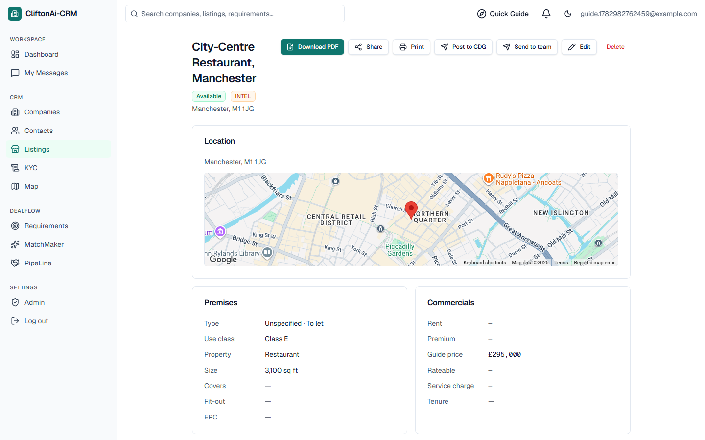 Listing detail page showing premises attributes, commercials, a location map and a Download PDF button